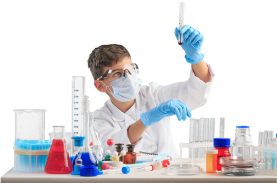 Little child chemistry with water for easy science experimental online class, new normal and distance learning, e-learning for kid in covid-19 pandemic.