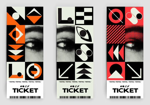 Postmodern illustrations with bold geometric shapes and abstract symbols. Tickets vector templates has a simple layout for creating invitations, banners, posters, flyers, prints, labels, and tickets.