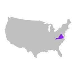 Vector map of the state of Virginia highlighted highlighted in purple on map of United States of America.