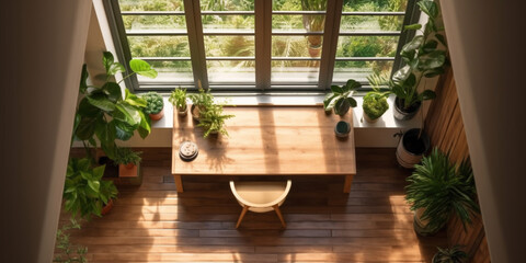 Generative AI, modern room with wooden table and home plants, top view, sunlight, window, background,  empty space for advertising goods, food, creativity, dining table, office, workplace, layout, eco