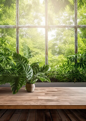 Generative AI, modern room with wooden table and home plants, top view, sunlight, window, background,  empty space for advertising goods, food, creativity, dining table, office, workplace, layout, eco