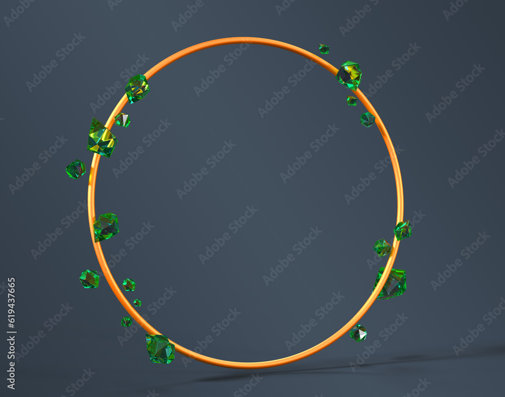 Poster gold round frame with precious emerald stones isolated on dark background. abstract geometry composi