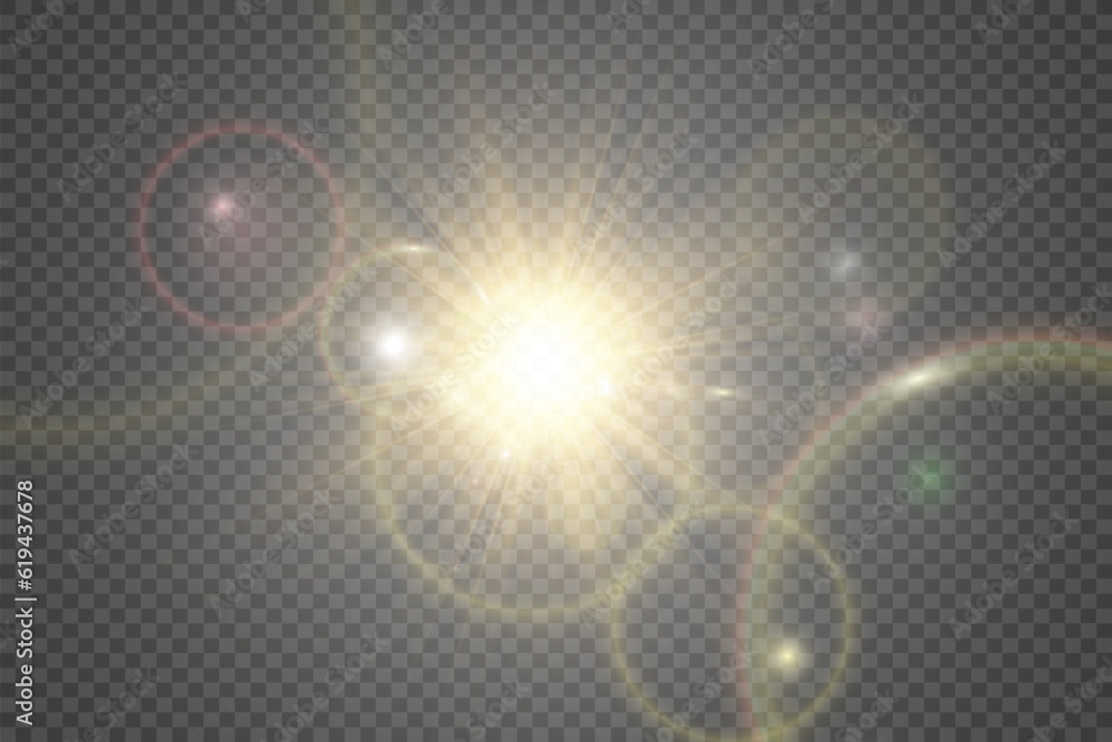 Poster special lens flash, light effect. the flash flashes rays and searchlight. illust.white glowing light