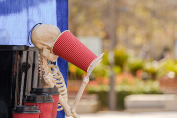 Skeleton Drinking Coffee, coffee shop abstract installation
