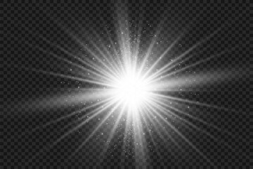 Special lens flash, light effect. The flash flashes rays and searchlight. illust.White glowing light. Beautiful star Light from the rays. The sun is backlit. Bright beautiful star. Sunlight.	
