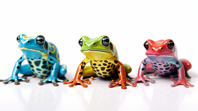 a set of colorful frogs on a white background. Generative AI