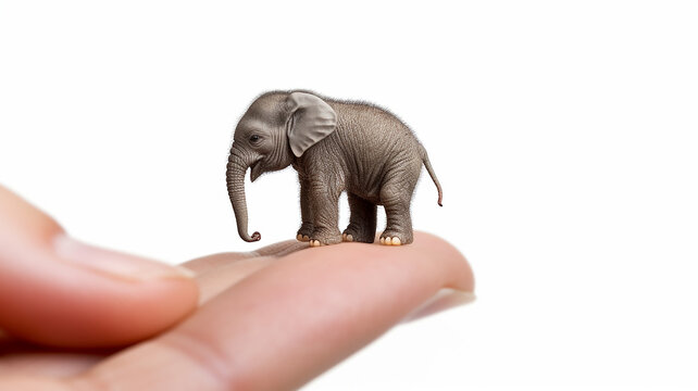 the smallest elephant in the palm of your hand. generative AI. the concept of nature protection on a white background
