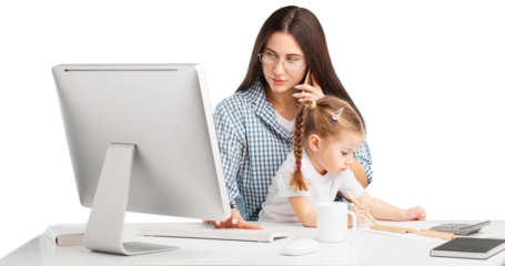 Concept of work from home. Mom and child are sitting at the desk.