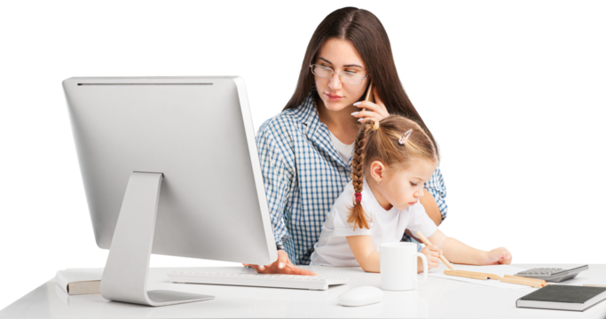 Concept of work from home. Mom and child are sitting at the desk. - Powered by Adobe