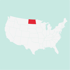 Vector map of the state of North Dakota highlighted highlighted in red on a white map of United States of America.