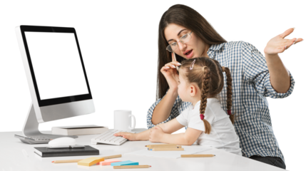 Happy busy mother working with a child on laptop
