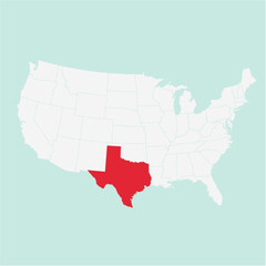 Vector map of the state of Texas highlighted highlighted in red on a white map of United States of America.
