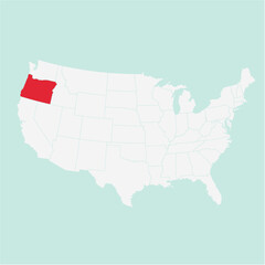 Vector map of the state of Oregon highlighted highlighted in red on a white map of United States of America.