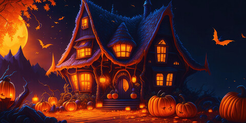 Fototapeta na wymiar Halloween dark castle with night pumpkins background,Generative AI.