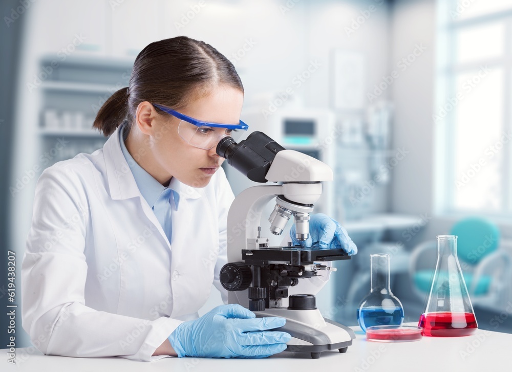 Poster professional scientist working in modern laboratory, looking in a microscope, ai generated image