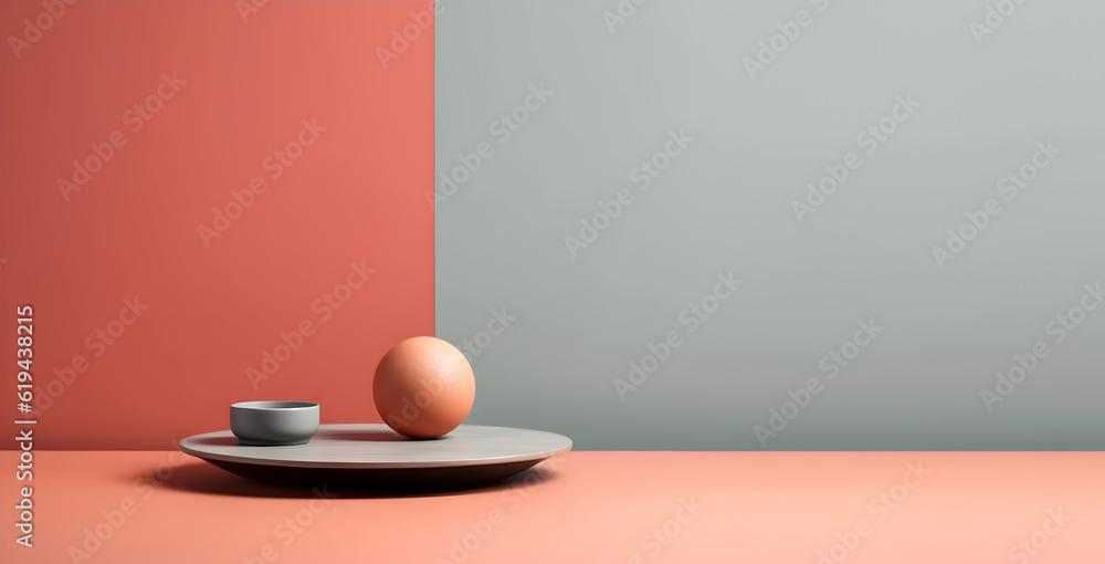 Poster creative mock concept. empty pastel muted abstract large empty textured wall room with deco on table