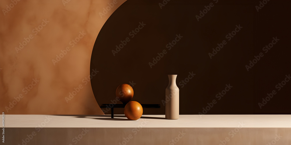 Poster creative mock concept. empty pastel muted abstract large empty textured wall room with deco on table