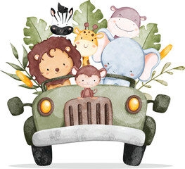 Watercolor illustration safari animals in jeep - obrazy, fototapety, plakaty
