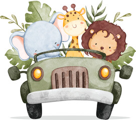 Watercolor illustration safari animals in jeep © Stella