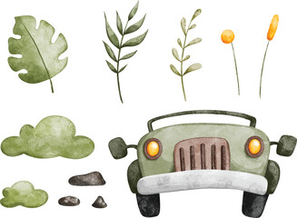 Watercolor Illustration set of tropical leaves and safari jeep - obrazy, fototapety, plakaty
