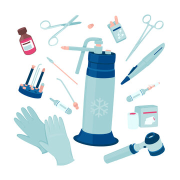 Set with instruments for cryosurgery. Medical instruments self-locking bandage, surgical scissors, dermatoscope, cryoprobe, cotton swab, cryogenic cylinder, gloves. Flat vector illustration.
