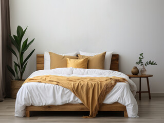empty bedroom with white painted walls, bed with yellow pillows, poster mockup concept
