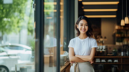 A confident female small business owner in front of a stylish coffee shop
