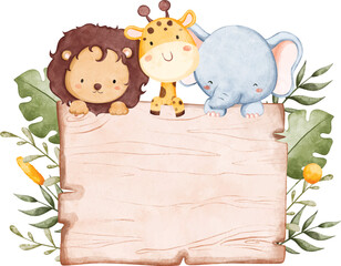 Watercolor illustration wooden board with safari animals © Stella