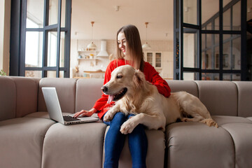 girl sits on sofa with dog and uses laptop at home, woman with golden retriever looks at the computer and smiles