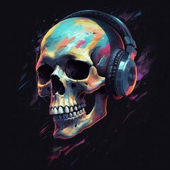 Skull in headphones. Digital art. Generative AI.