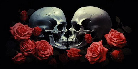 Two skulls and roses. Digital art. Generative AI.
