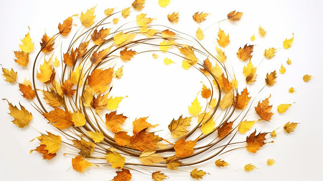 a swirl of yellow autumn leaves isolated on a white background. Generative AI