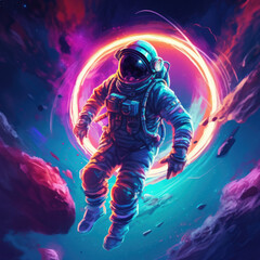 Soaring astronaut on a colored background. Digital art. Generative AI.