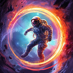 Soaring astronaut on a colored background. Digital art. Generative AI.