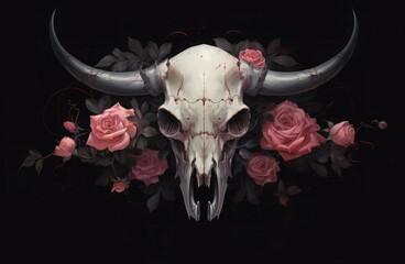Skull of a bull and a rose. on black background. Digital art. Generative AI.