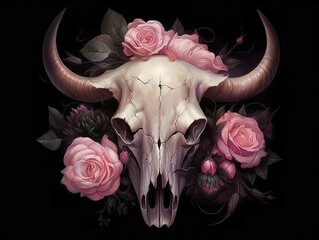 Skull of a bull and a rose. on black background. Digital art. Generative AI.