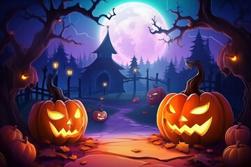 Flat illustration Halloween banner or party invitation background Full moon in orange sky, spiders web and witch cauldron. Place for text.