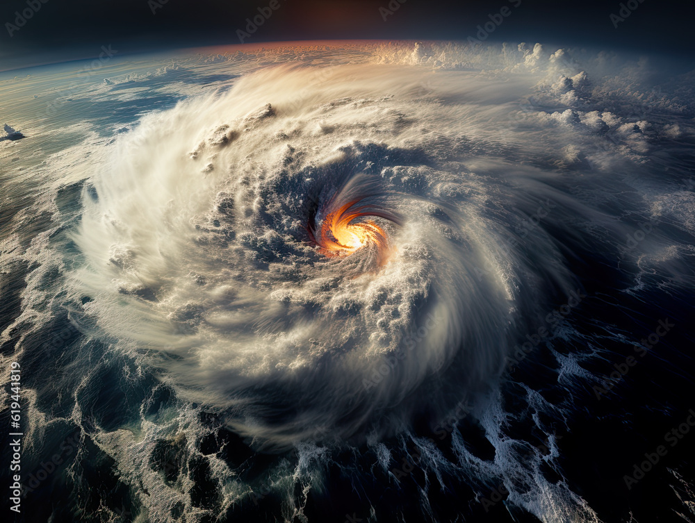 Poster a view of the earth from space with a hurricane in the background. generative ai.