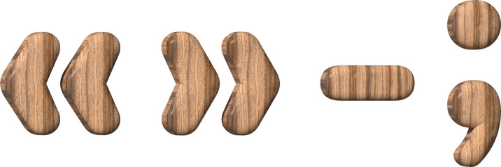  Wooden punctuation marks on a white background. 3d rendered  with brown wood texture. 3d illustration. 