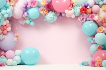 Fototapeta na wymiar Colorful pastel color balloons party copy space background.