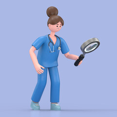 Fototapeta na wymiar 3D illustration of Female Doctor Mary looking through a magnifying glass and searching for information. Cartoon exploring businessman holding a magnifier, Medical presentation clip art isolated on blu