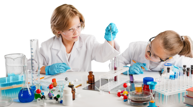 Diversity children doing a chemical experiment in laboratory . Happy kids at elementary school learning science chemistry . Chemistry school concept. - Powered by Adobe