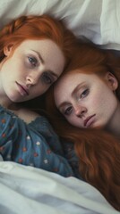 Photo of two red-headed women lying in bed together .generative ai