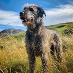 An Irish Wolfhound standing tall and proud in a lush green Irish field.