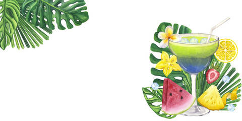 Banner green blue cocktail glass fresh juice alcoholic drinks. Lemon, ice, mint. Tropical leaves Monstera. Hand drawn watercolor illustration isolated on white background. For bar restaurant menu