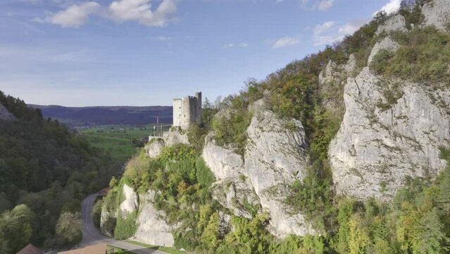 Neu Thierstein castle ruins, aerial view, Buesserach, Solothurn, Switzerland, Europe