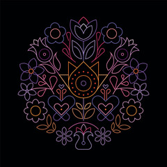 Round shape design includes many neon color line art flowers isolated on a black background.