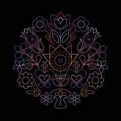 Poster Round shape design includes many neon color line art flowers isolated on a black background. ©  danjazzia