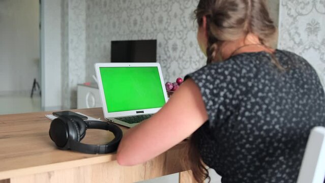 Beautiful caucasian focused young female looking at laptop green screen, writing notes at workplace, freelancer and work at home concept, back view.