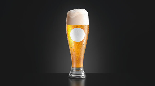 Blank transparent beer glass with white label mockup, dark background